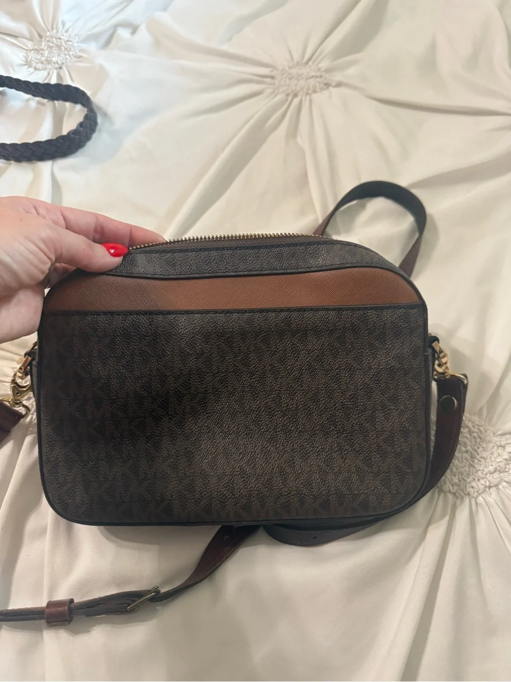 Michael Kors Brown Signature Crossbody with Tan Trim